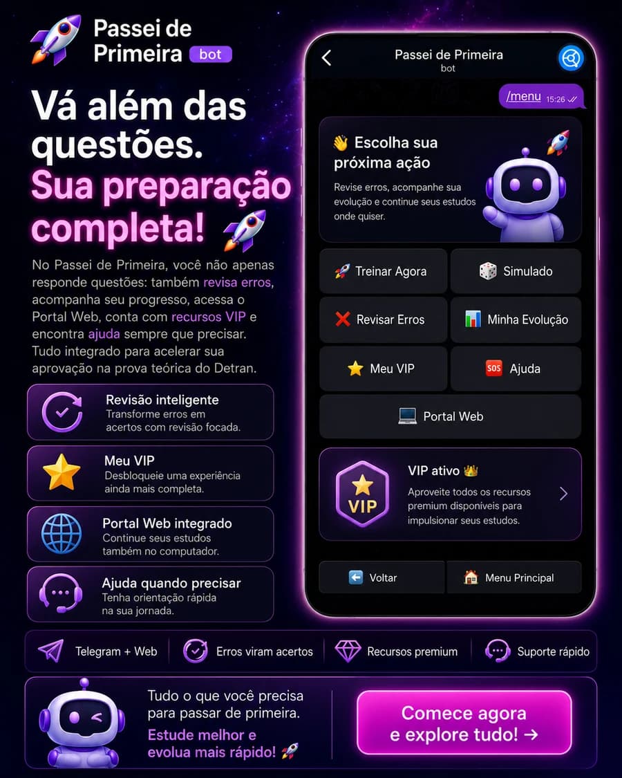 Visão geral do Passei de Primeira com menu principal no Telegram e recursos integrados ao Portal Web.